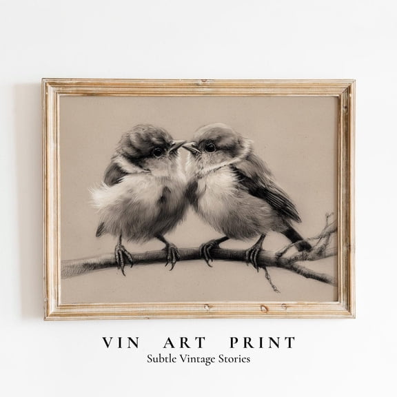 Romantic Bird Couple Sketch Wall Art Vintage Valentine Decor, Stretched Canvas Size 8x12