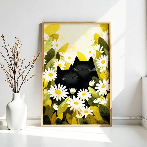 Romantic Black Cat Couple In Daisy Field, Whimsical Floral UNFRAMED Poster, Wall Art for Decor, Present, 24x36