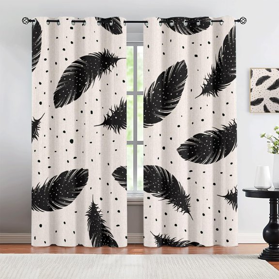Romantic Black Feathers Window Curtain Home Decor , Ethnic Tribal Style Blackout Window Treatments,Eyelet Drapes For Living Room Coffee Dorm Bedroom 21"W x 45"L (Pack of 2)