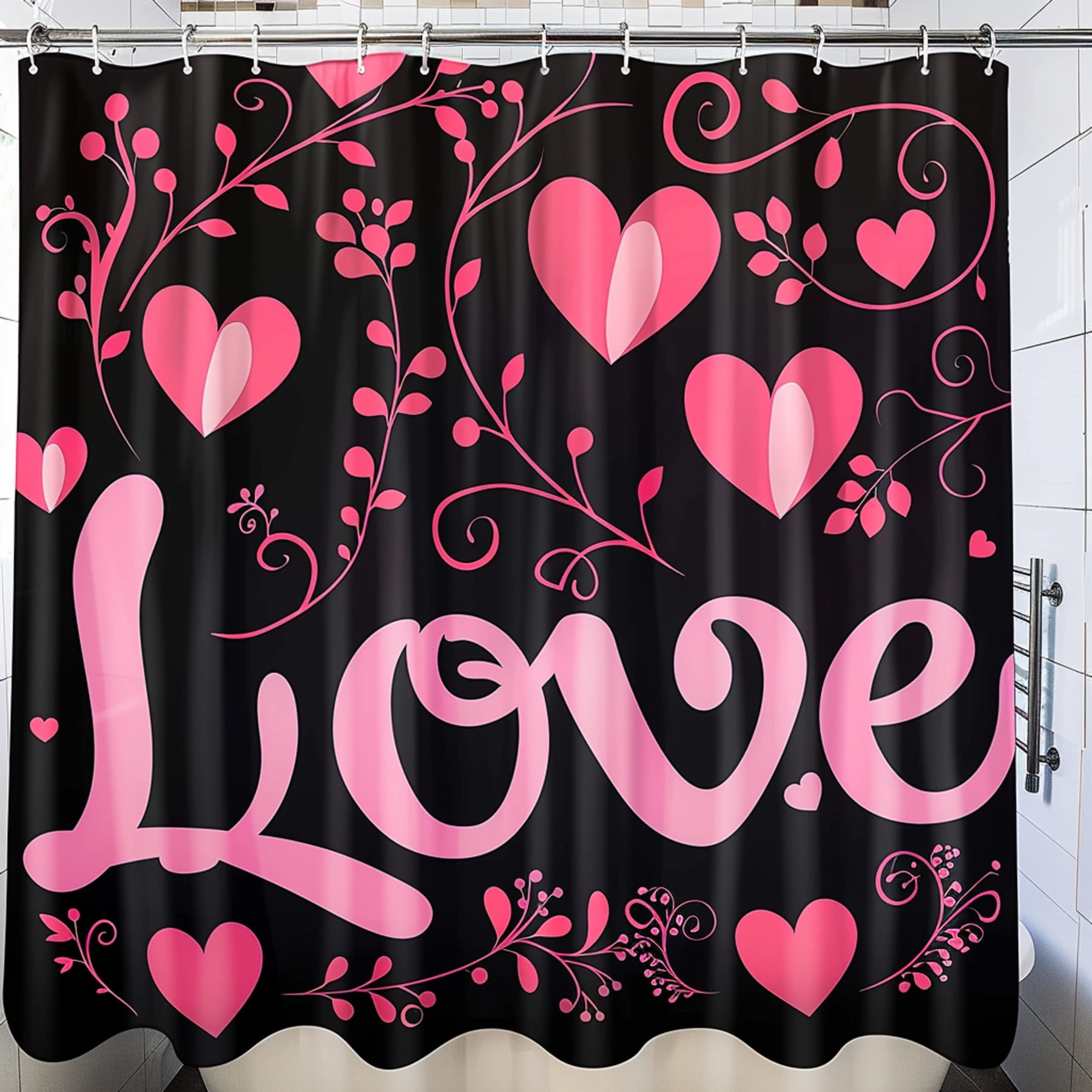 Romantic Black And Pink Heart Shower Curtain Love Design For Valentines