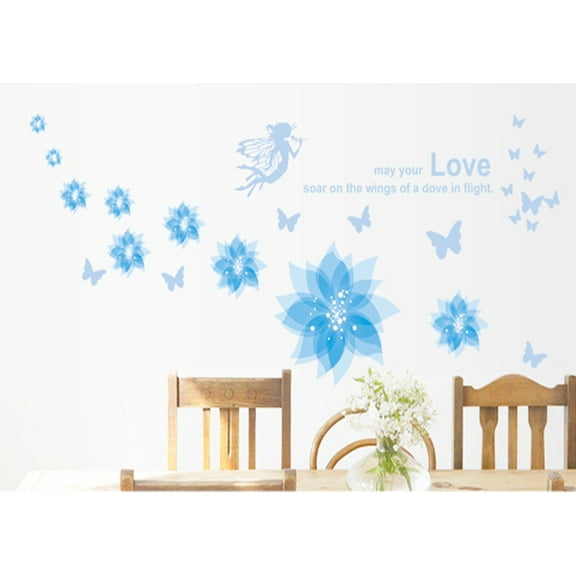 Romantic Blue Flower Fairies Wall Decal Sticker - DIY PVC Removable Transparent Wall Decor for Living Room, Bedroom, and Nursery