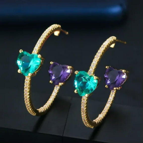 Romantic Blue Purple CZ Love Heart Half Circle Hoop Earrings for Brides Wedding
