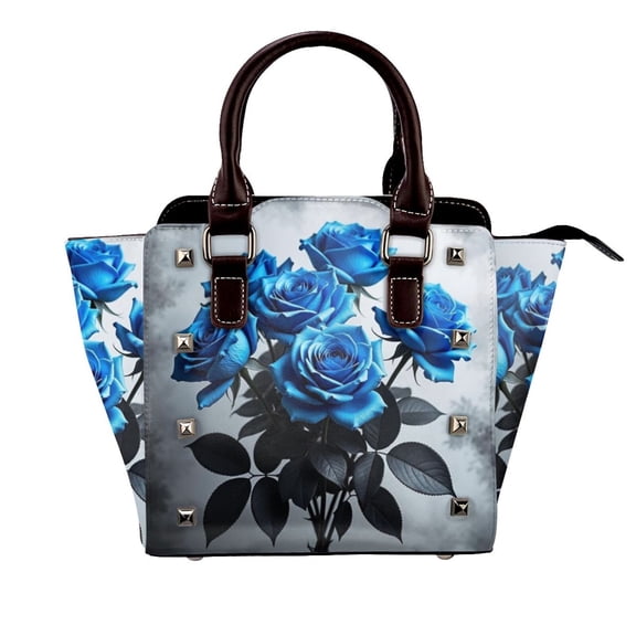 Romantic Blue Rose Grey Rivet Fashion One-Shoulder Women's Handbag Tote Bag