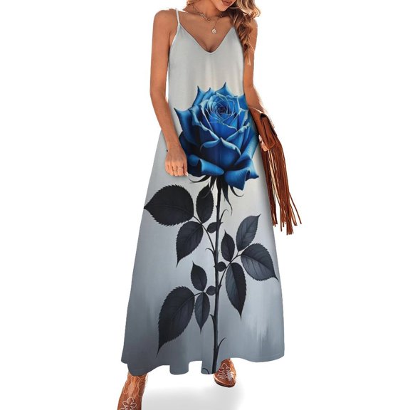 Romantic Blue Rose Sleeveless Dress Women's Evening Dress Womans Clothing