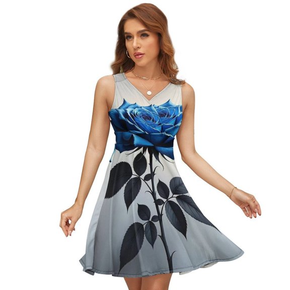 Romantic Blue Rose Women's Tank Dress V Neck Sleeveless Summer Sundress