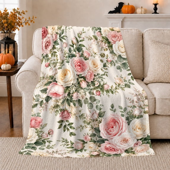 Romantic Blush Pink Rose Garden Floral, Festive Botanical Garden Scene, Warm Flannel Blanket for Sunroom and Reading Nook, Garden Lovers Thanksgiving Gift, Botanical Home Decor