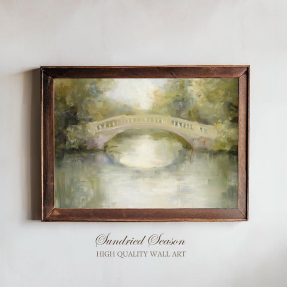Romantic Bridge Over Water Impressionist Landscape Soft Dreamy River Scene, Unframed Paper Poster 8x10in