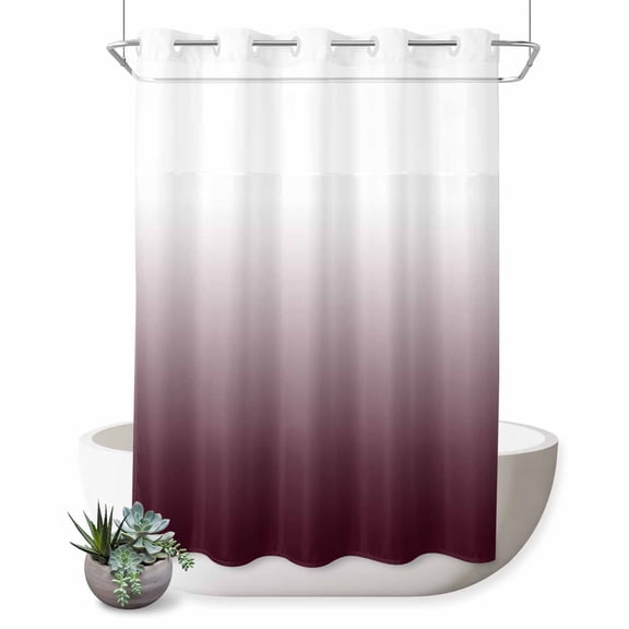 Romantic Burgundy No Hook Shower Curtain Gradient Shower Curtain with See Through Top Window, Waterproof Washable Fabric Curtain for Bathroom Hotel Decor, 60Wx72L