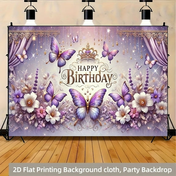 Romantic Butterfly Birthday Backdrop Purple Butterfly Floral Happy Birthday Photography Background White Pink Flower Golden Princess Birthday Party Decorations Banner Supplies Photo Booth Props