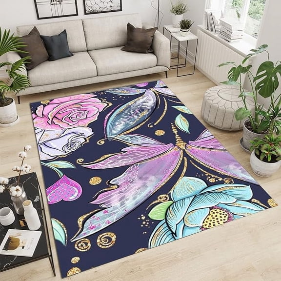Romantic Butterfly Rose Area Rugs, Embossed Pink Gray Green Lotus Flower Apartment Carpet, Porch Mat Machine Washable Short Velvet Apply To Entryway Hallway Bedroom Living Room 4 x 6ft