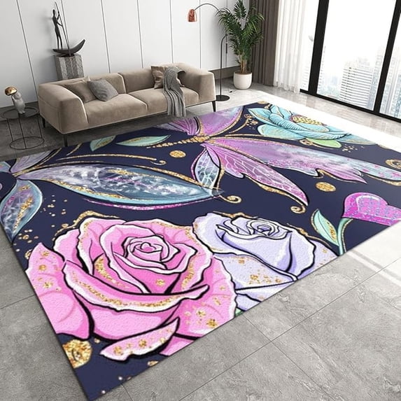 Romantic Butterfly Rose Area Rugs, Embossed Pink Gray Green Lotus Flower Apartment Carpet, Porch Mat Machine Washable Short Velvet Apply To Entryway Hallway Bedroom Living Room 5x8ft
