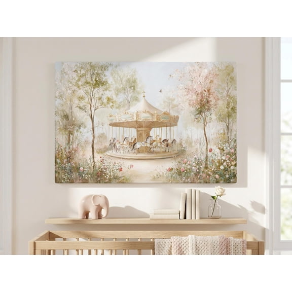 Romantic Carousel Print Vintage Pastel Fairytale Wall Art Cottagecore Nursery Decor Whimsical Parisian Style Art Over Crib Art