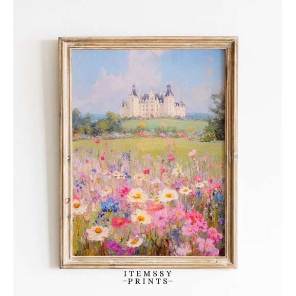 Romantic Castle Wildflower Art, Pastel Floral Landscape Poster, Vintage Cottagecore Decor, Dreamy Wall Art, Bedroom Living Room Decor, 12x18 UNFRAMED