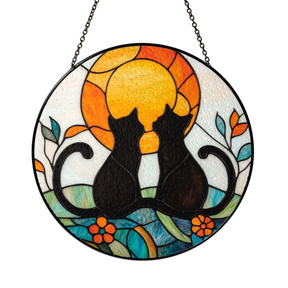 Romantic Cat Couple Sunset Stained Glass Suncatcher Window Decor, Cozy Nature Home Accent