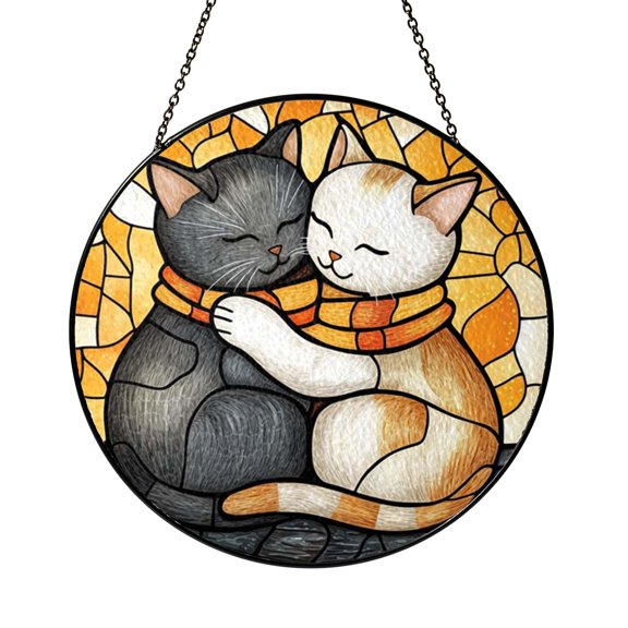 Romantic Cat Couple Window Hanging Acrylic Suncatcher, Cute Hugging Cats Window Panel Art Decor, Love Theme Window Decoration Gift for Cat Lovers