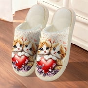 Romantic Cat Slippers For Women Cute Kitten Heart Print House Shoes Cozy Fleece Lined Closed Toe Slides Non Slip Soft Sole Indoor Winter Footwear