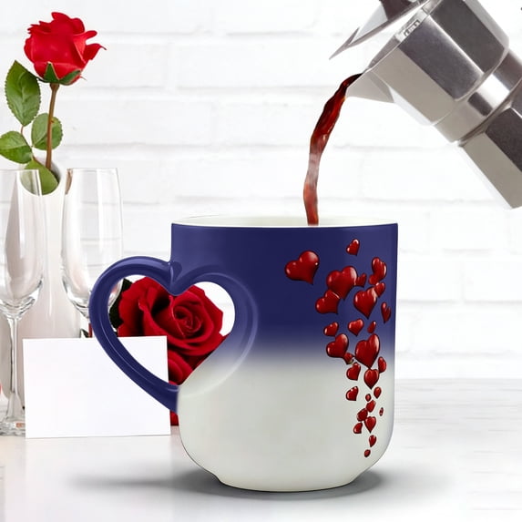 Romantic Ceramic Coffee Mug, Heart Shaped Handle with Floating Red Hearts, Ideal for Valentine's Day, Anniversaries, Wedding Gifts and Daily Use