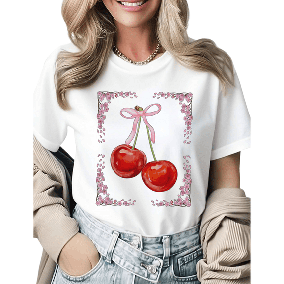 Romantic Cherry & Bow Graphic Tees Womans T shirt Black/White S-5XL Shirts Casual Daily Tops