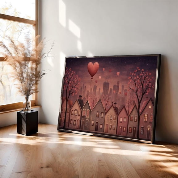 Romantic Cityscape Cozy Town Illustration Heart Balloon Night Scene Warm Modern Poster Unframed Paper Print