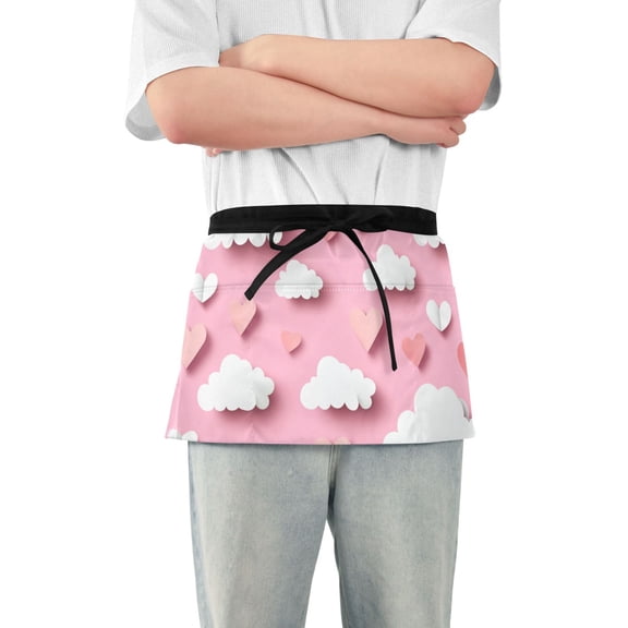 Romantic Clouds and Hearts Valentine Short Server Apron with 3 Pockets for Unisex Chef Gardening