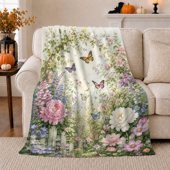 Romantic Cottage Garden Peonies Wildflowers, Rustic Botanical Portrait, Warm Flannel Blanket for Sunroom and Reading Nook, Garden Lovers Valentine's Day Gift, Rustic Home Decor