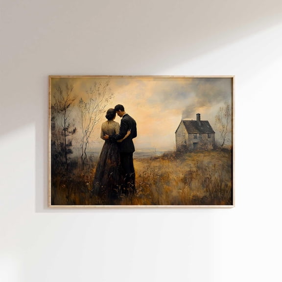Romantic Countryside, Couple Embracing Sunset Wall Art, Vintage Homestead Scene, Rustic Love Print, Home Decor #350, Unframed Poster Size 8x12