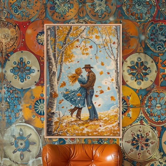 Romantic Couple Fall Cowboy Love Wall Art Poster, Unframed Size 8x12