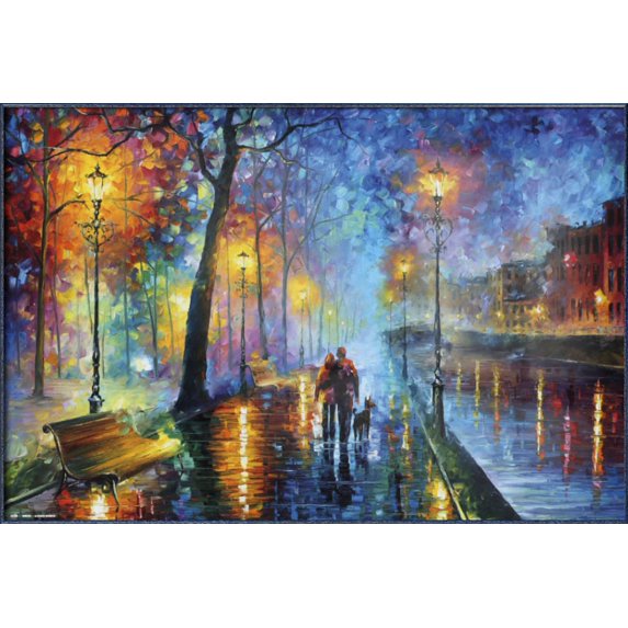 Romantic Couple - Framed Art Poster (Couple Walking by The River - by Leonid Afremov) (Size: 36" x 24")