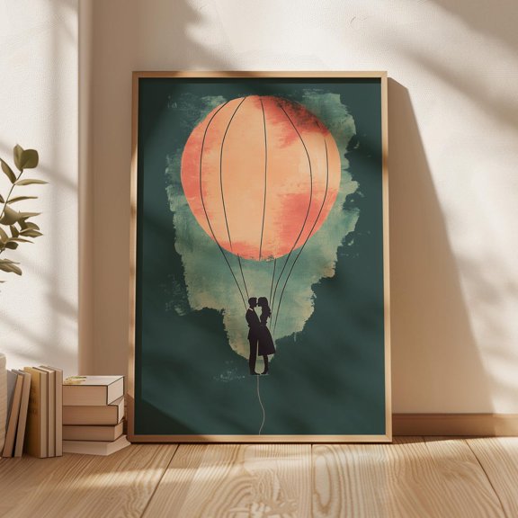 Romantic Couple Hot Air Balloonsunset Love Weding Gift Idea, Teal And Orange, Dreamy Love Print Wall Art, Modern Wall Decor, 8x12 UNFRAMED