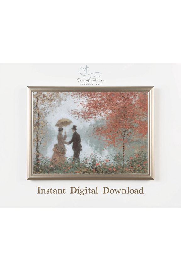 Romantic Couple Impressionist : Vintage Autumn Wall Art Poster, Cottagecore Fall Decor, Parisian Park Artwork, Unframed Poster Size 8x12 F03.1.18l1763
