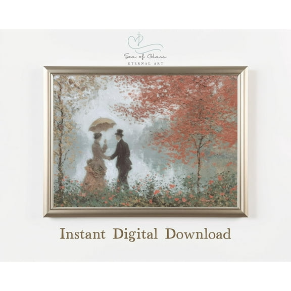 Romantic Couple Impressionist : Vintage Autumn Wall Art Poster, Cottagecore Fall Decor, Parisian Park Warm Present Vintage UNFRAMED Poster Size 8x12