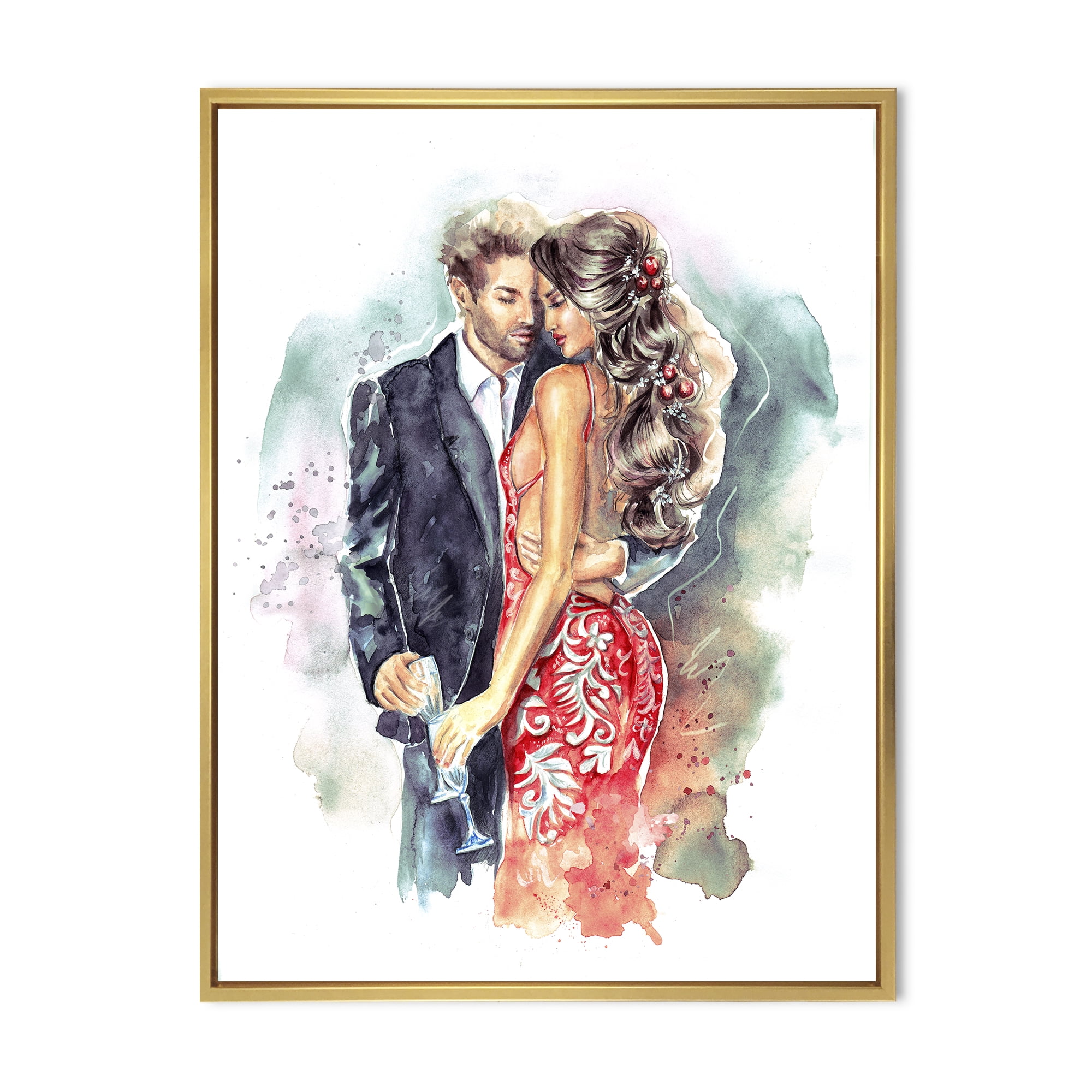 Romantic Couple Ith Champagne Glasses At New Year Party 30 in x 40 in Framed Painting Canvas Art Print, by Designart