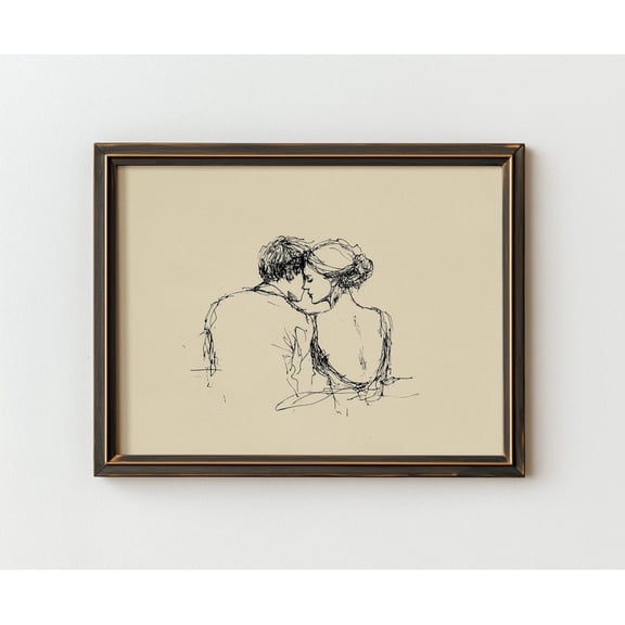 Romantic Couple Line Art Wall Art, Unframed Canvas Size 8x12