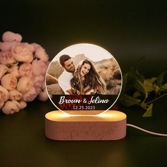 Romantic Couple Picture Custom Night Light Acrylic Photo Frame Wooden Base Wedding Anniversary Gift Bedside Table Lamp