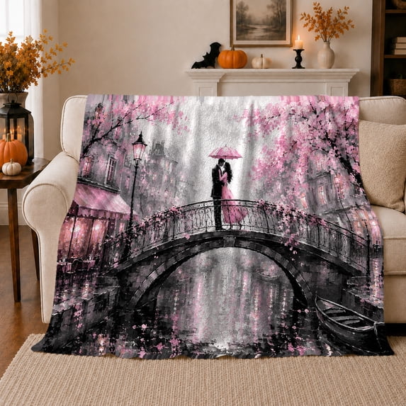 Romantic Couple On A Pink Blossom Bridge, Cozy Flannel Blanket with Romantic Painterly Cityscape Print, Housewarming Gift for Romantic Cityscape Admirers, Home Decor for Bedroom and Living Room