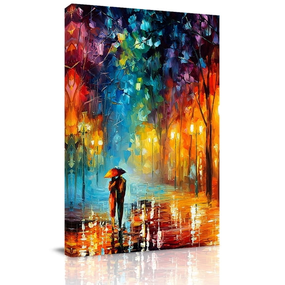 Romantic Couple Rainy Street Canvas Wall Art for Living Room, Colorful Impressionist Poster Print Painting for Bedroom Office Home Decoration Wall Pictures Prepare To Hang 12"x12"