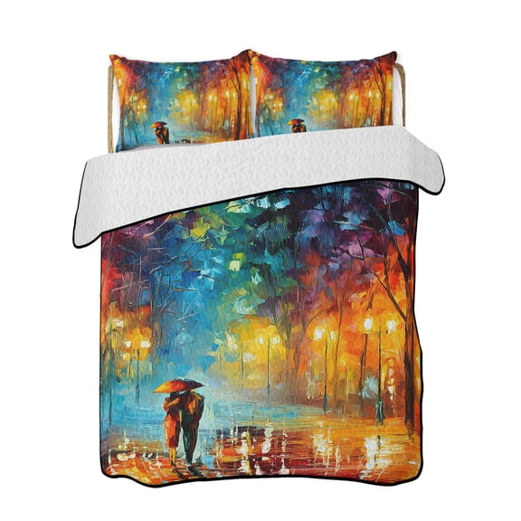 Romantic Couple Rainy Street Quilts Bedding Set California King Colorful Impressionist Lightweight Quilted Bedspread 3 Piece Bed Quilt with 2 Pillow Shams All Season for Bedroom 96" x 106"