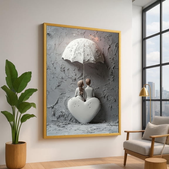Romantic Couple Sculpture Wall Art, Heart And Umbrella Design, Love Home Decor, Valentine’S Day, Modern Artistic UNFRAMED Poster, Wall Art for Decor, Present, 12x18