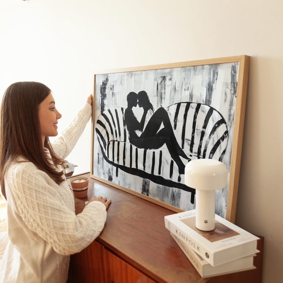 Romantic Couple Silhouette Art On Striped Couch Black And White Minimalist Wall Print Intimate Love Scene Contemporary Art Illustration Wall Art, Modern Wall Decor, 8x12 UNFRAMED