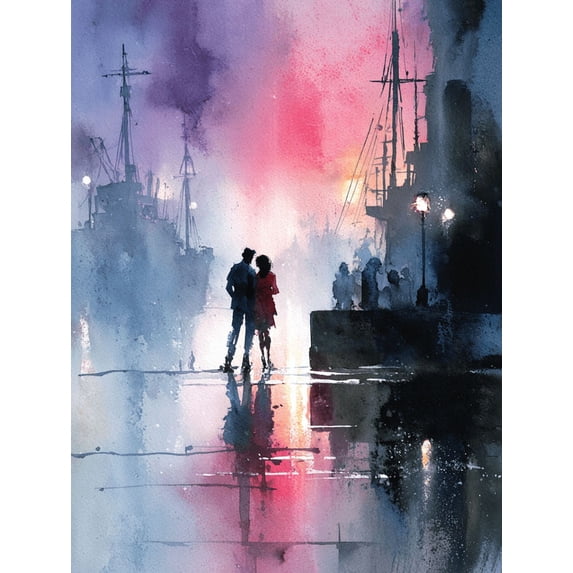 Romantic Couple Silhouette Waterfront Sunset Watercolor Canvas Print, Ideal for Living Room Bedroom Hotel Office