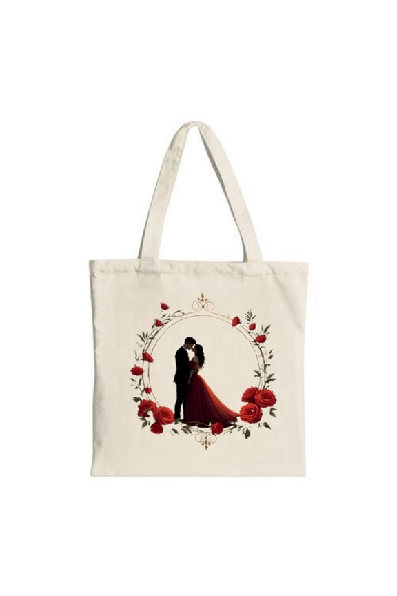 Romantic Couple Tote Bag - Canvas Red Roses Design Perfect for Parties Travel & Shopping Multifunctional Reusable Bag