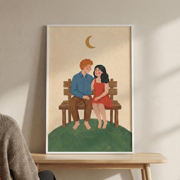 Romantic Couple Under Crescent Moon Whimsical Lovers Night Sky Date Cottagecore Poster , Poster Print Only
