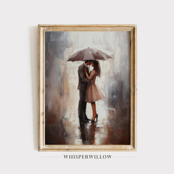 Romantic Couple Under Umbrella,, Rainy Day, Timeliness Intimate Elegant Love, Valentine'S Day Wall Decor UNFRAMED Poster, 8x12