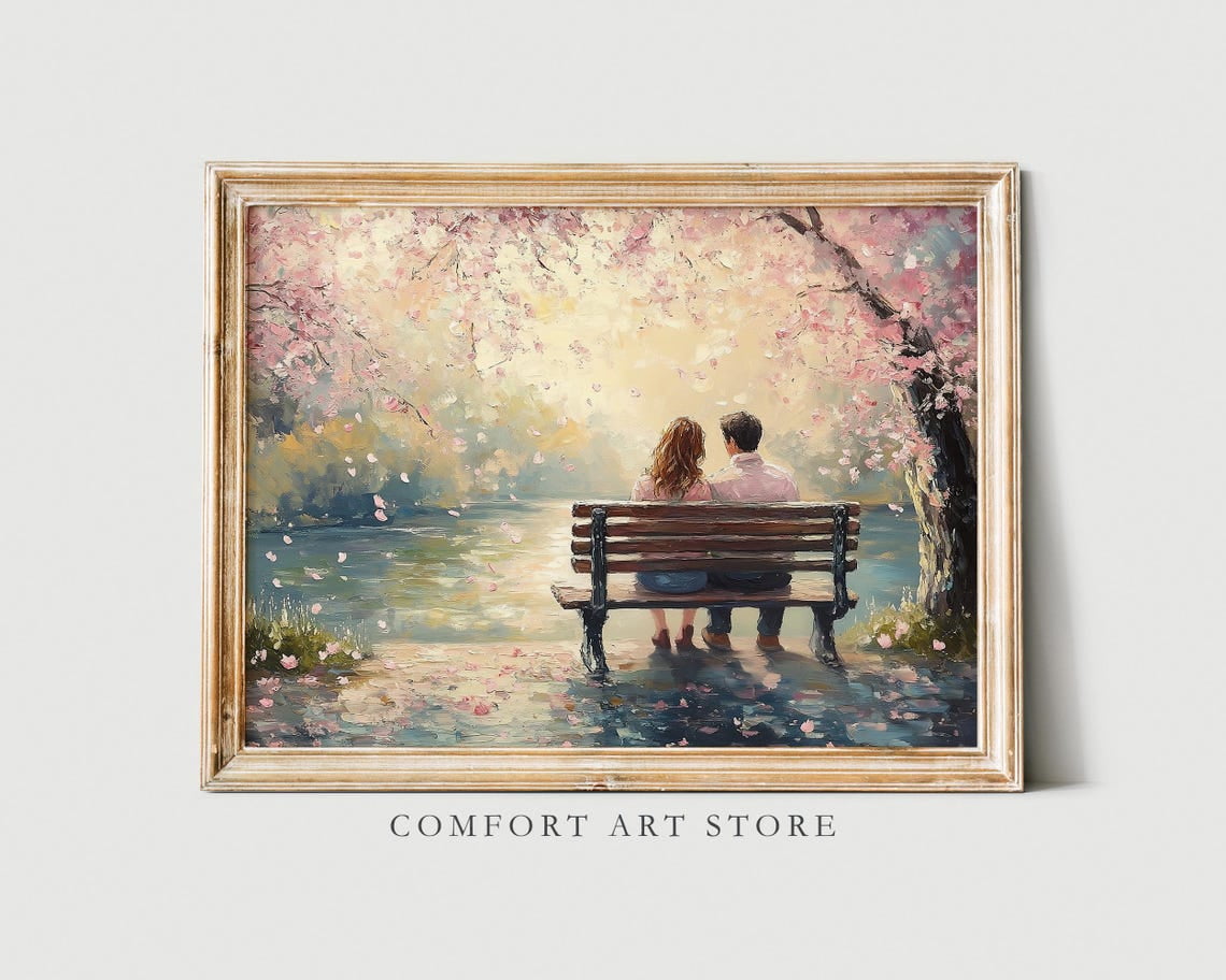 Romantic Couple Valentines Day Cherry Blossom Vintage Love Bench ...