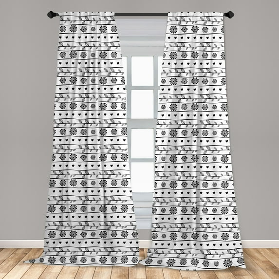 Romantic Curtains 2 Panels Set, Horizontal Art Borders with Ornate Flower Leaves and Little Hearts, Window Drapes for Living Room Bedroom, 56"W X 63"L, Black and White, by Ambesonne