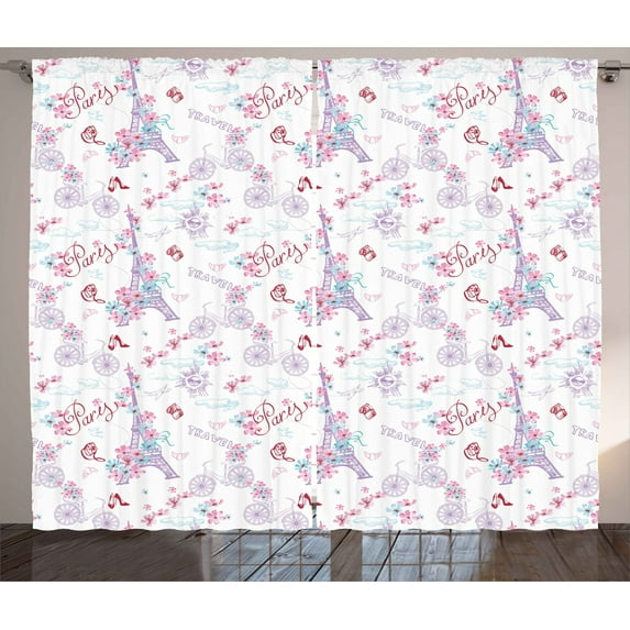 Ambesonne Vintage Curtains 2 Panel Set, Eiffel Tower and Flower, 108" x 63", Pale Blue Pink and White