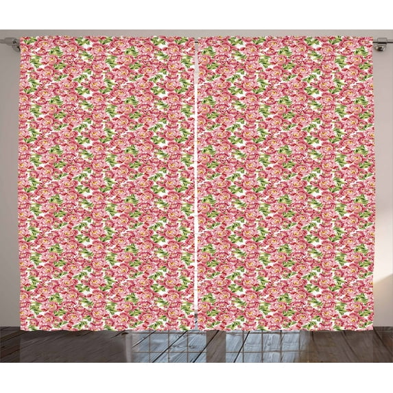 Ambesonne Romantic Curtains 2 Panel Set, Vintage Peony Bouquet, 108" x 96", Pale Pink Fern Green