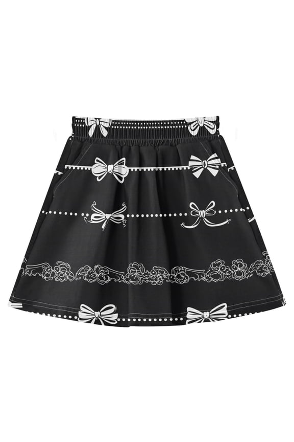Romantic Cute Border Bows Pattern Cotton Skirt Built-in Liner Elastic A-Line Flared Skirt with Pockets