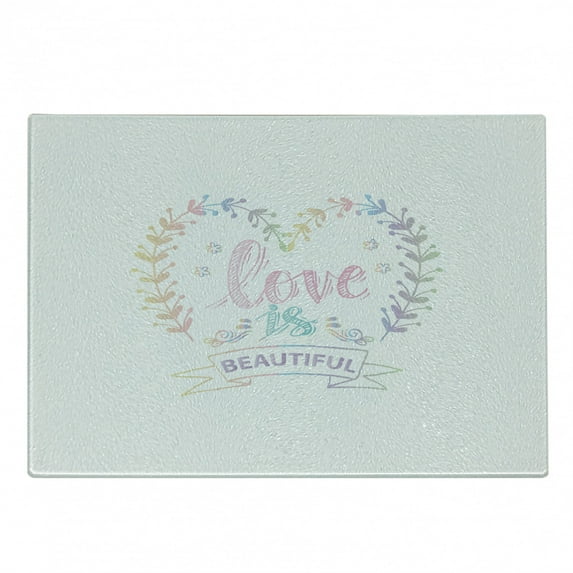 Romantic Cutting Board, Pastel Colored Spring Inspired Frame Branches in Heart Shape with Dreamy Look, Decorative Tempered Glass Cutting and Serving Board, Small Size, Multicolor, by Ambesonne