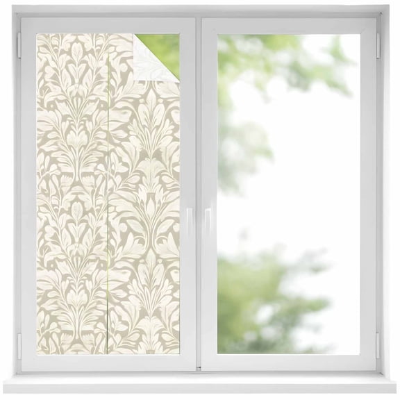 Romantic Damask Floral Window Privacy Film Classic Scroll Foliage Beige Decorative Glass Window Film UV Blocking Static Cling Non-Adhesive Sticker Covering for Home Door 17.7 x 39.3 inches